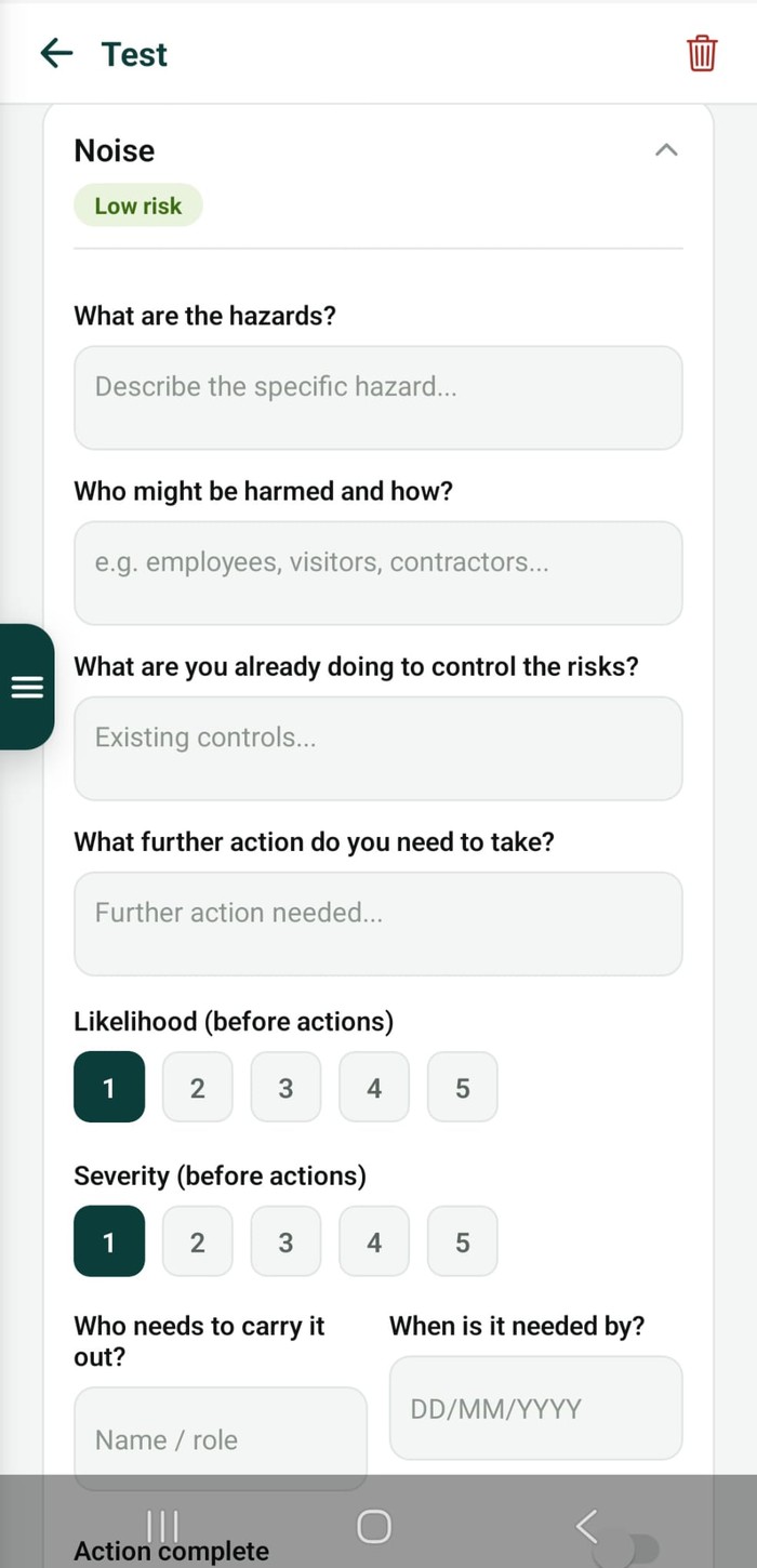 Risk assessment hazard form