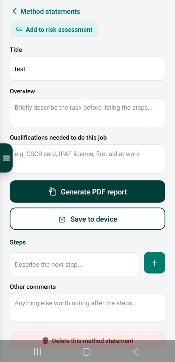 Method statement screen